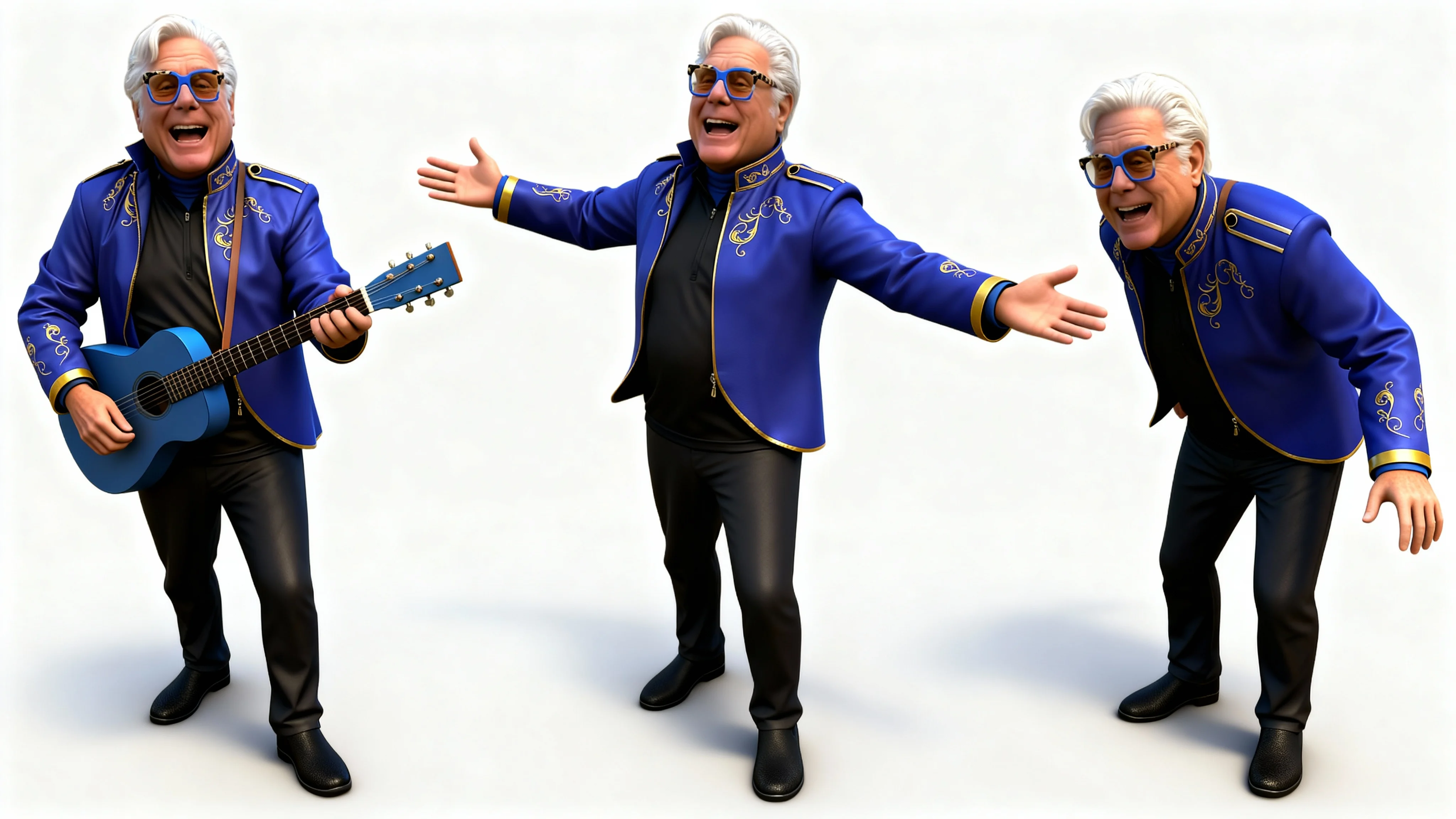 Three poses of Robert Dempster in a blue jacket with a blue guitar